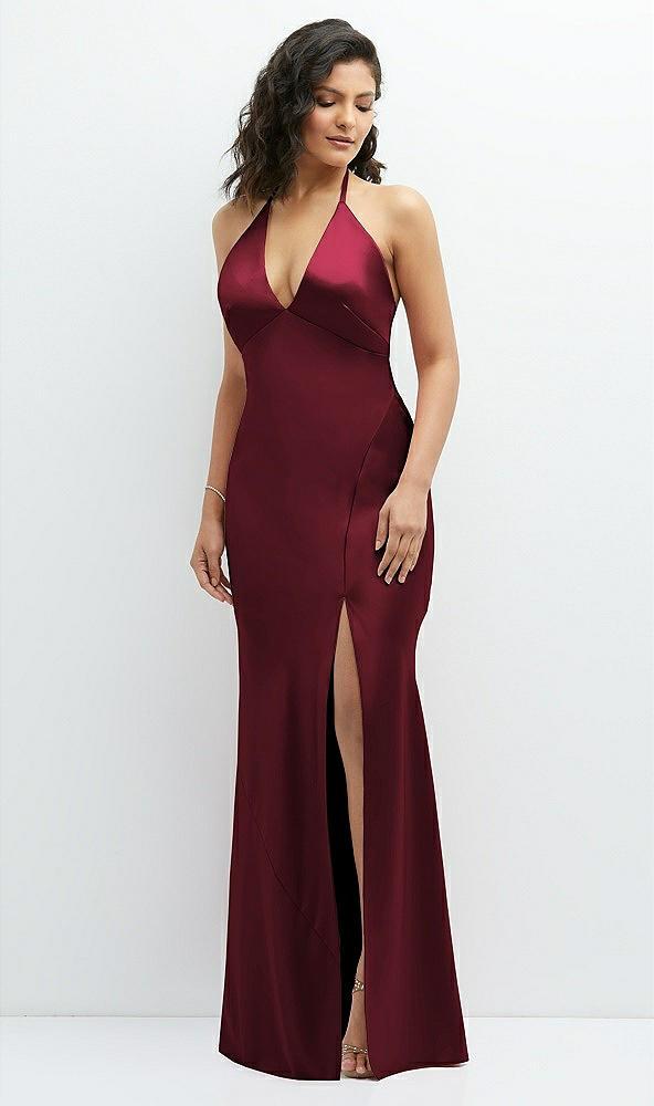 plunge halter open-back maxi bias dress with low tie back
