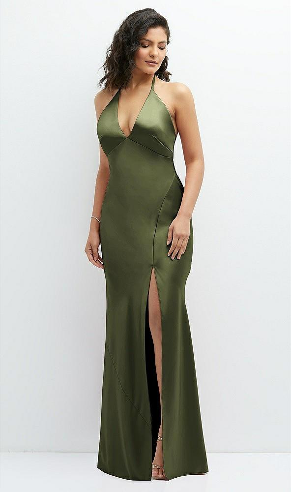 plunge halter open-back maxi bias dress with low tie back