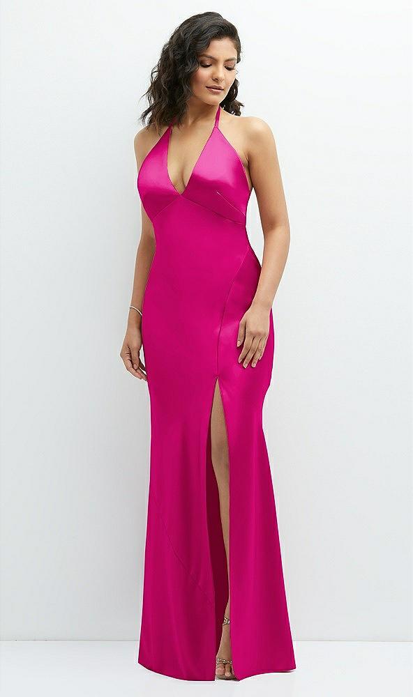 plunge halter open-back maxi bias dress with low tie back