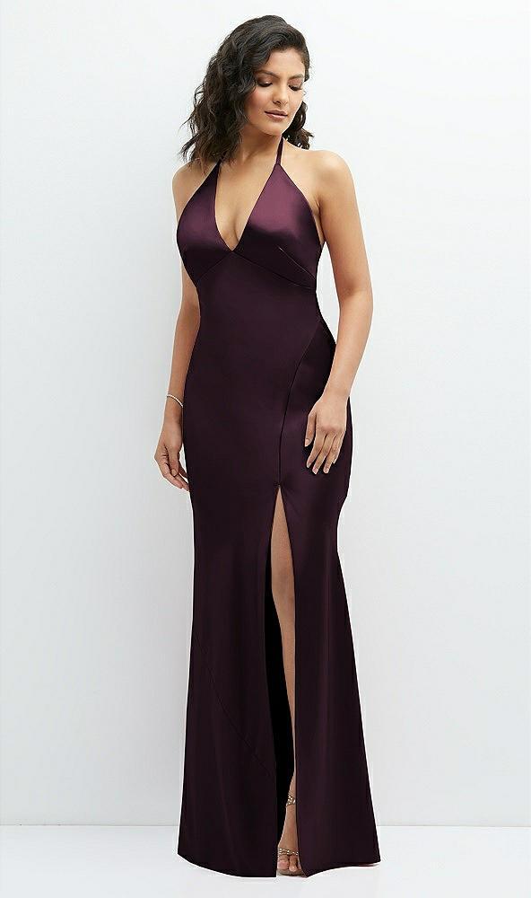 plunge halter open-back maxi bias dress with low tie back