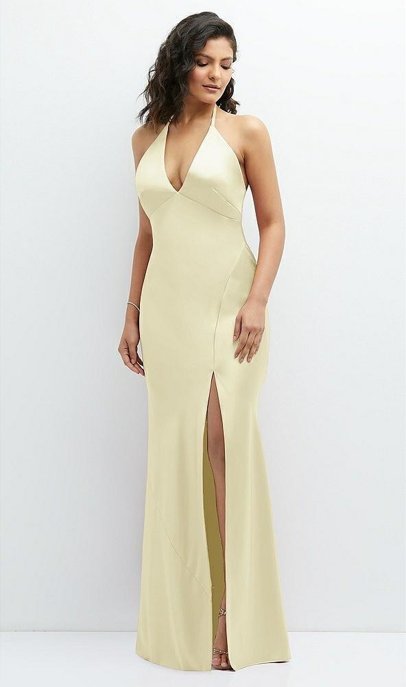 plunge halter open-back maxi bias dress with low tie back