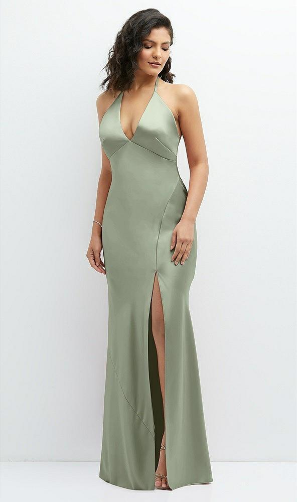 plunge halter open-back maxi bias dress with low tie back