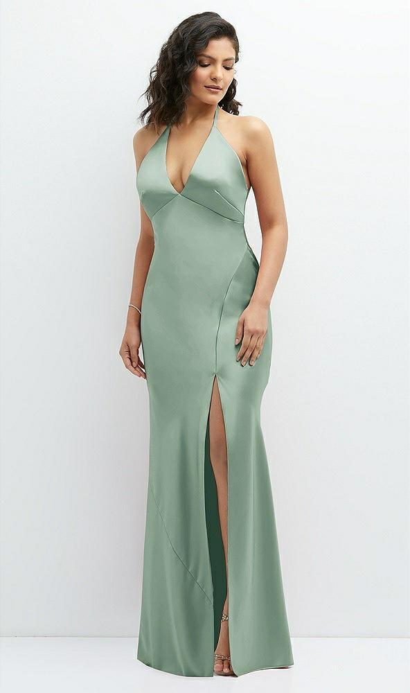 plunge halter open-back maxi bias dress with low tie back