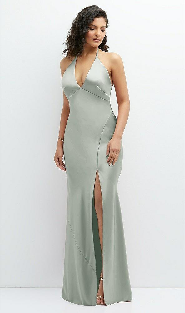 plunge halter open-back maxi bias dress with low tie back