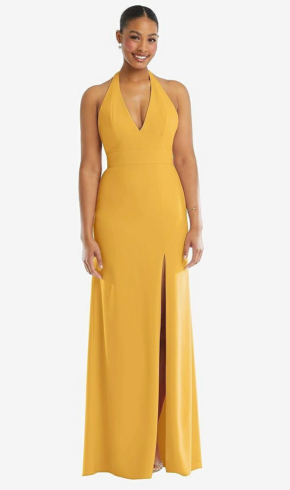 plunge neck halter backless trumpet gown with front slit