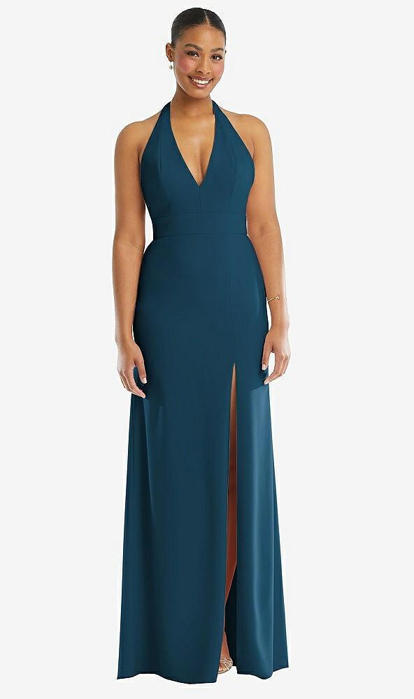 plunge neck halter backless trumpet gown with front slit