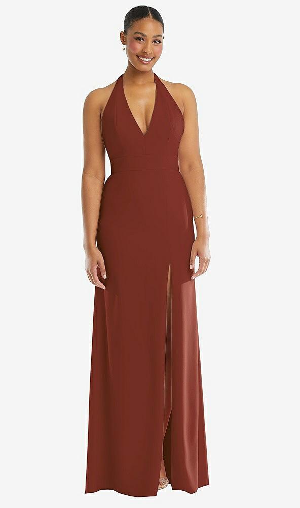 plunge neck halter backless trumpet gown with front slit