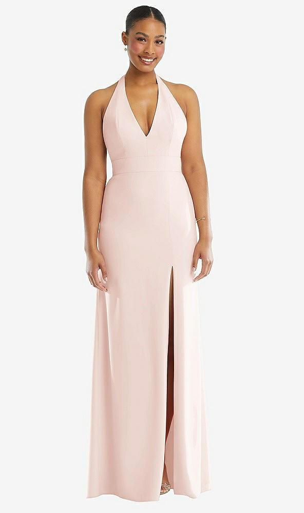 plunge neck halter backless trumpet gown with front slit