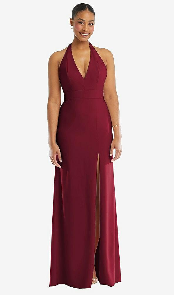 plunge neck halter backless trumpet gown with front slit
