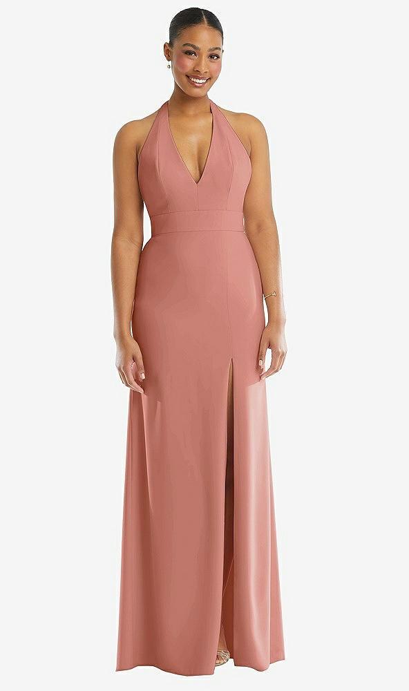 plunge neck halter backless trumpet gown with front slit