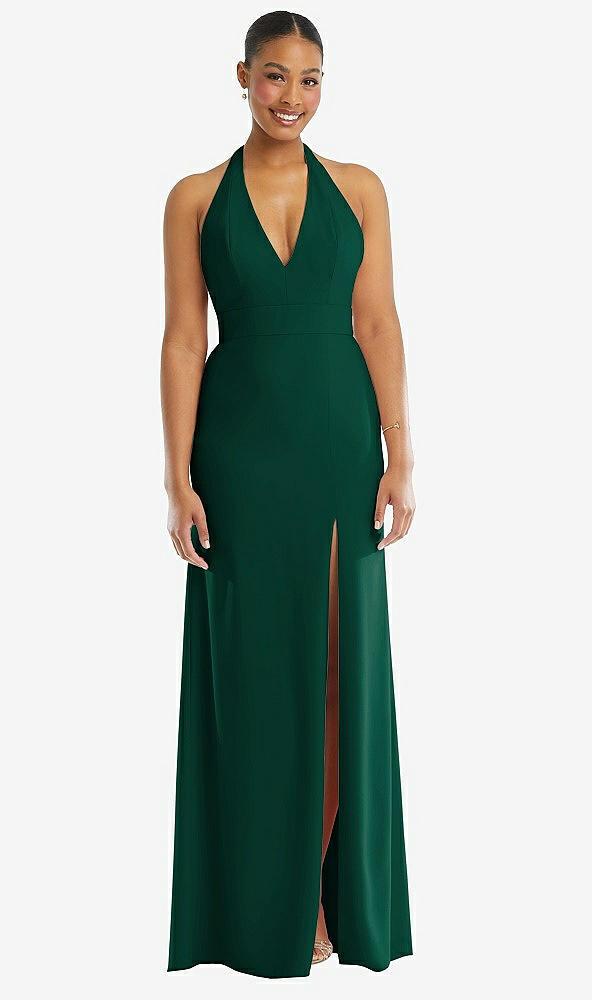 plunge neck halter backless trumpet gown with front slit