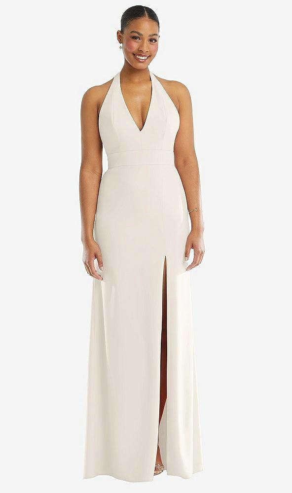 plunge neck halter backless trumpet gown with front slit