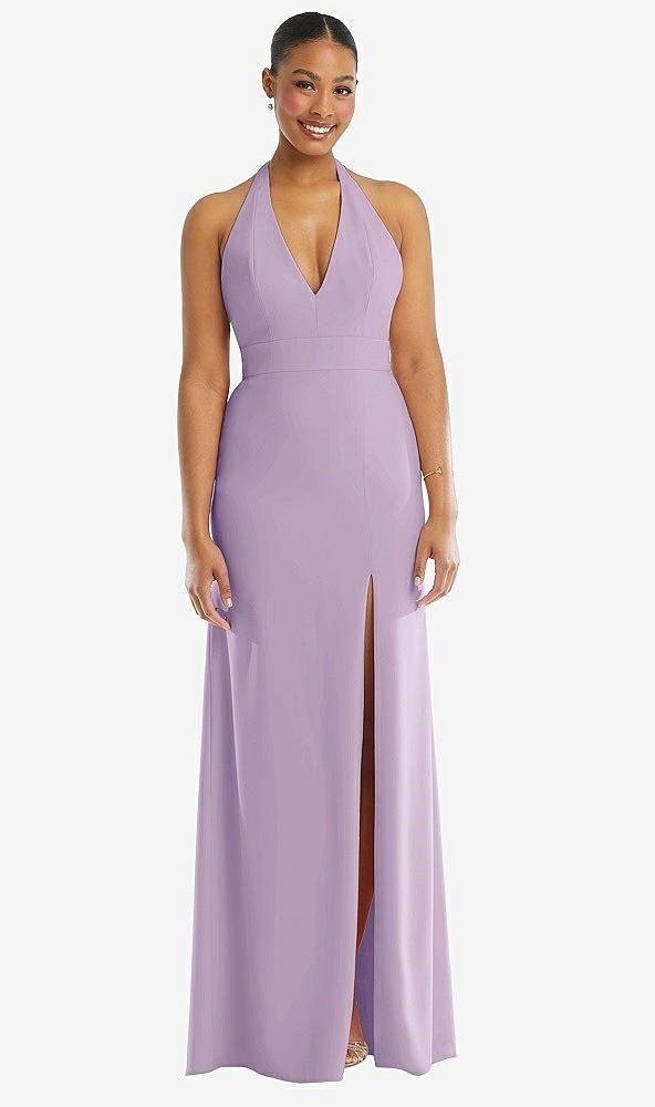 plunge neck halter backless trumpet gown with front slit