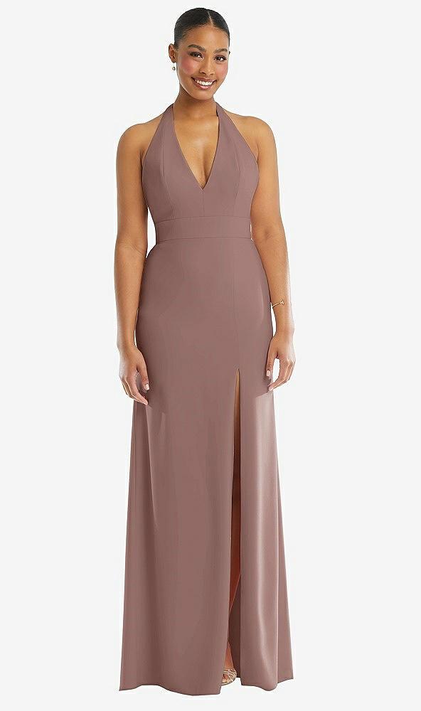 plunge neck halter backless trumpet gown with front slit