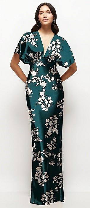 plunge neck kimono sleeve floral satin bias maxi dress