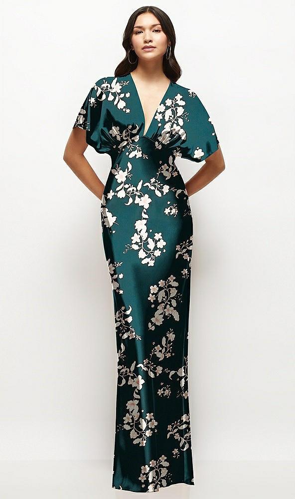 plunge neck kimono sleeve floral satin bias maxi dress