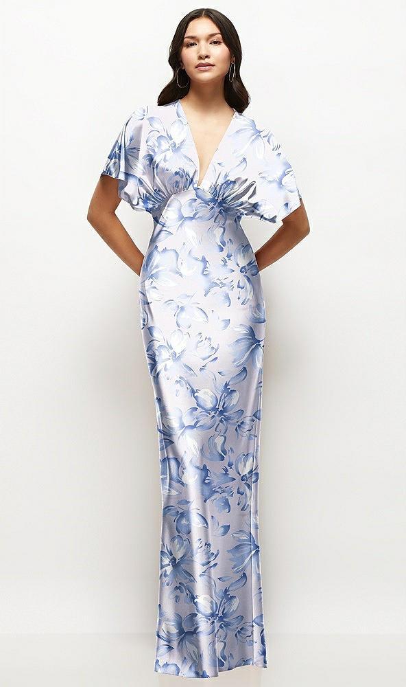 plunge neck kimono sleeve floral satin bias maxi dress
