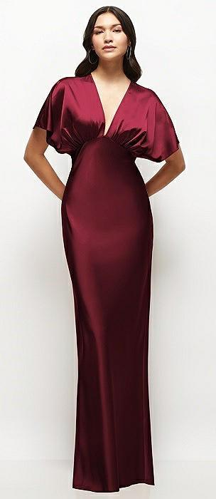 plunge neck kimono sleeve satin bias maxi dress