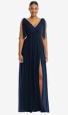 plunge neckline bow shoulder empire waist chiffon maxi dress