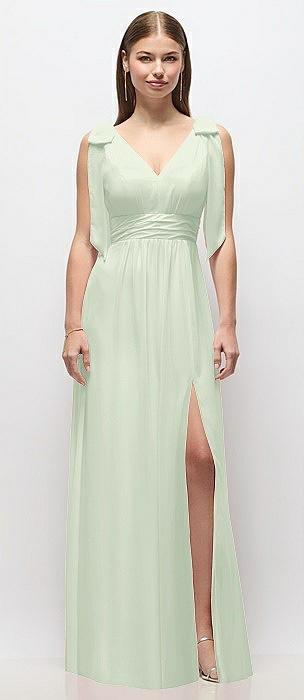 plunge neckline bow shoulder empire waist chiffon maxi dress