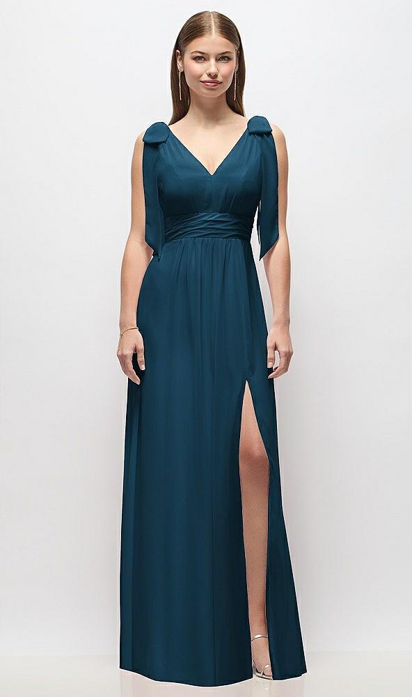 plunge neckline bow shoulder empire waist chiffon maxi dress
