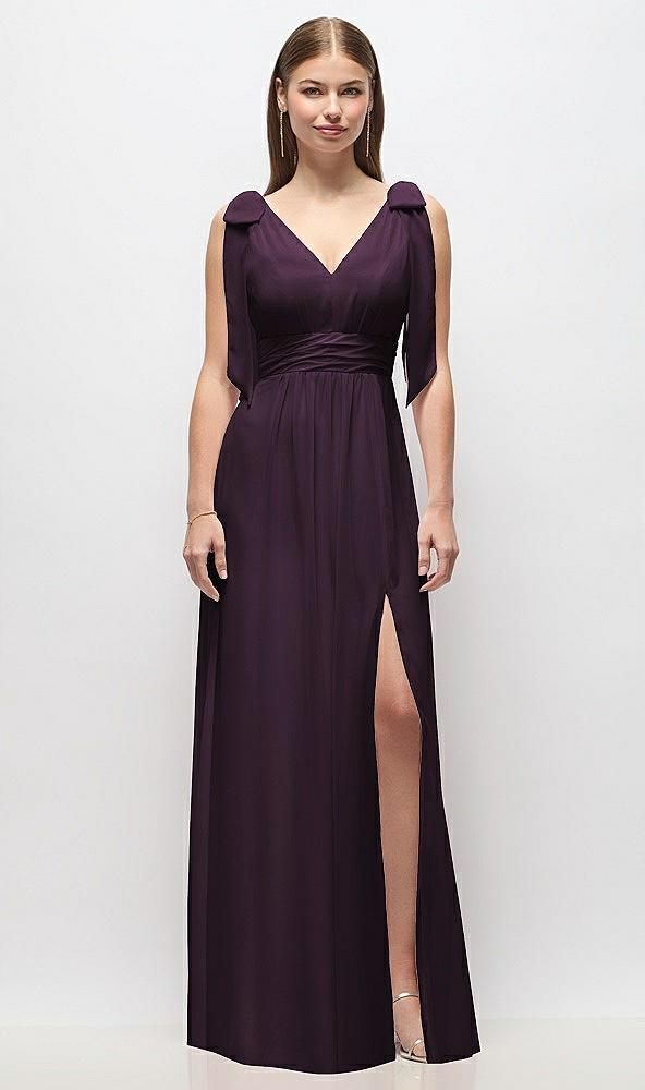 plunge neckline bow shoulder empire waist chiffon maxi dress