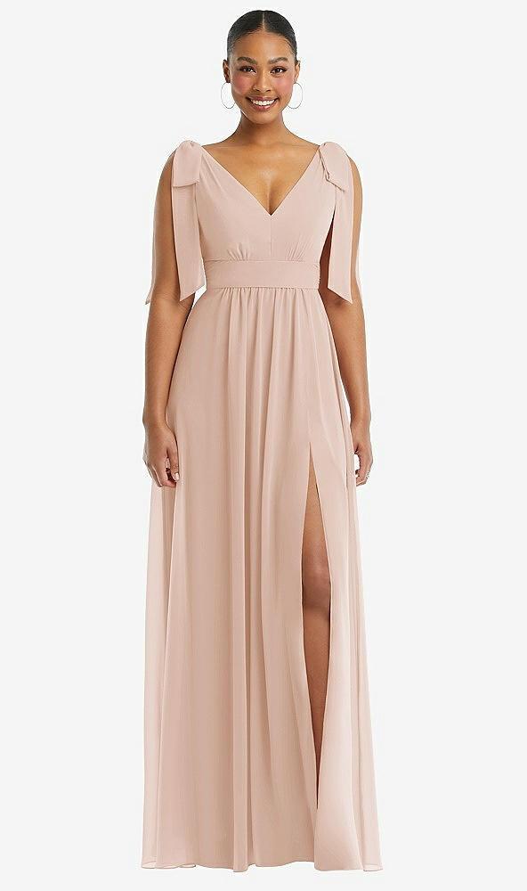 plunge neckline bow shoulder empire waist chiffon maxi dress