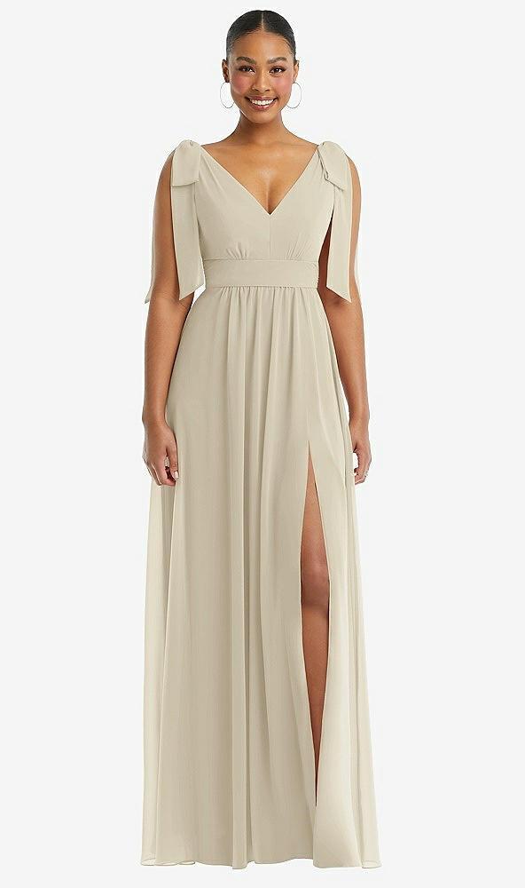 plunge neckline bow shoulder empire waist chiffon maxi dress