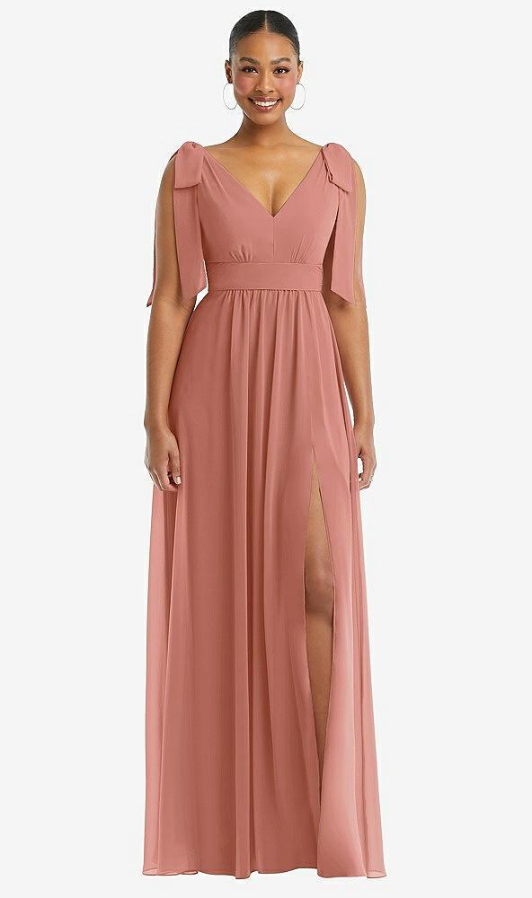 plunge neckline bow shoulder empire waist chiffon maxi dress