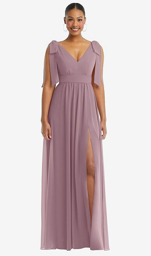 plunge neckline bow shoulder empire waist chiffon maxi dress