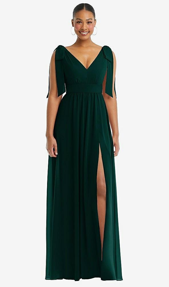 plunge neckline bow shoulder empire waist chiffon maxi dress