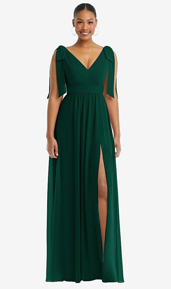 plunge neckline bow shoulder empire waist chiffon maxi dress