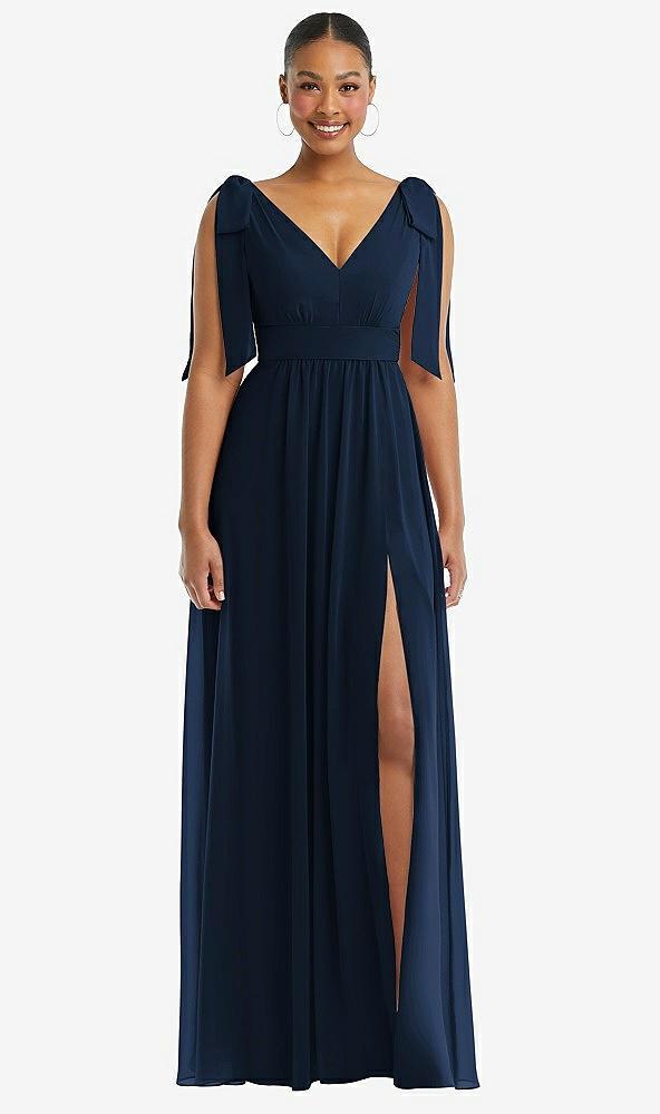 plunge neckline bow shoulder empire waist chiffon maxi dress