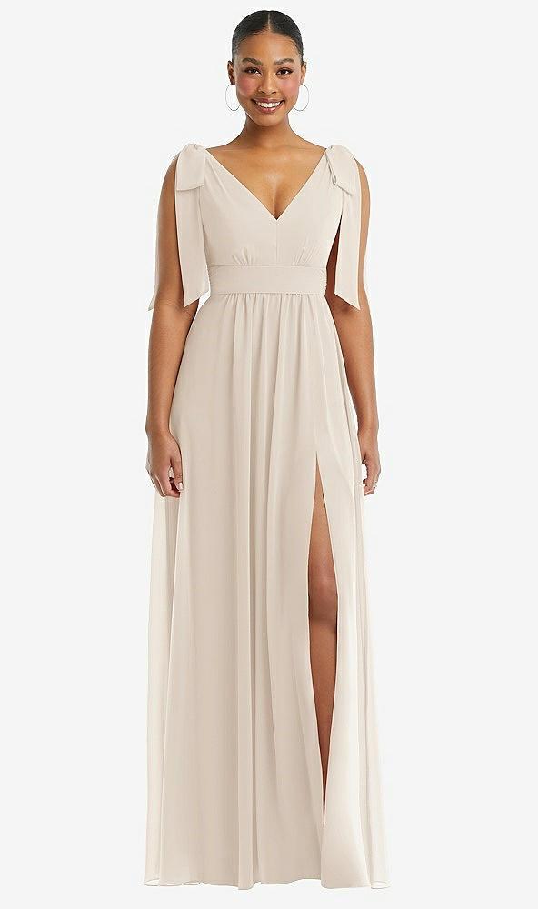 plunge neckline bow shoulder empire waist chiffon maxi dress
