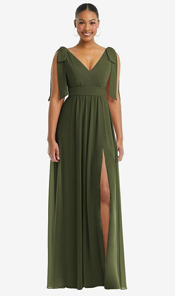 plunge neckline bow shoulder empire waist chiffon maxi dress