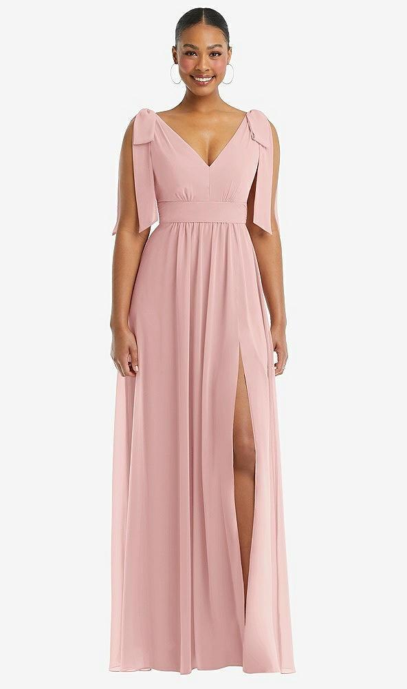 plunge neckline bow shoulder empire waist chiffon maxi dress