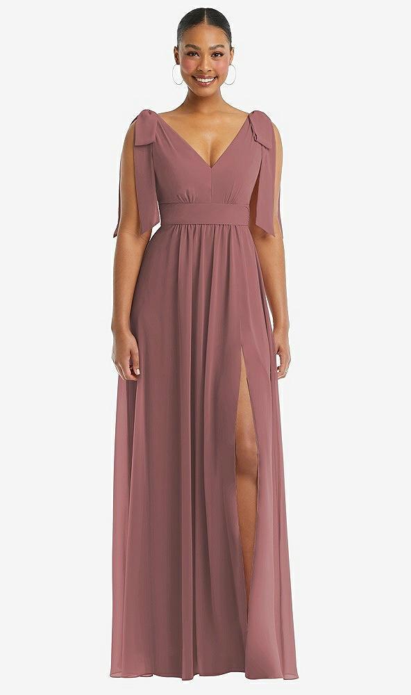 plunge neckline bow shoulder empire waist chiffon maxi dress