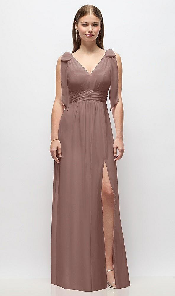 plunge neckline bow shoulder empire waist chiffon maxi dress