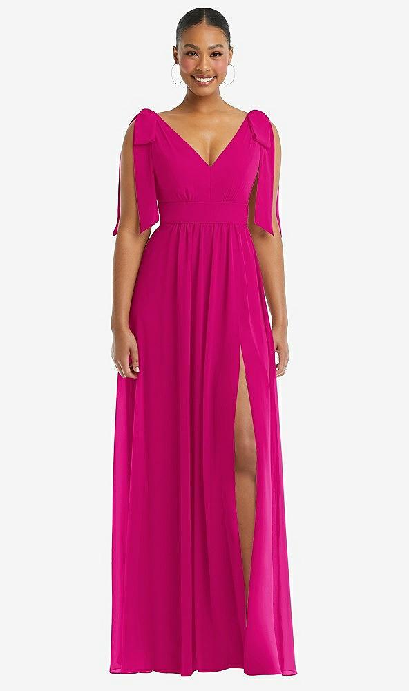 plunge neckline bow shoulder empire waist chiffon maxi dress