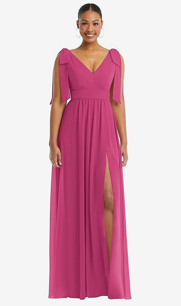 plunge neckline bow shoulder empire waist chiffon maxi dress