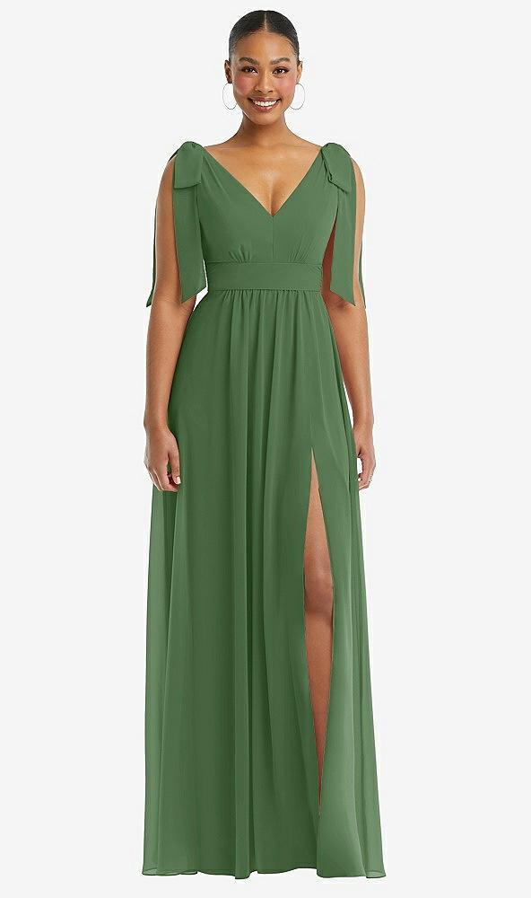 plunge neckline bow shoulder empire waist chiffon maxi dress