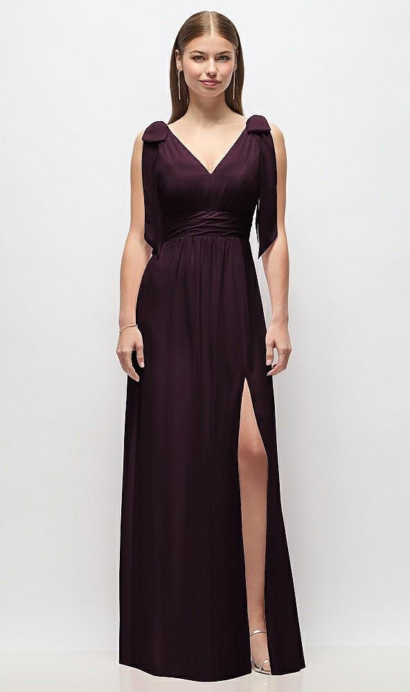 plunge neckline bow shoulder empire waist chiffon maxi dress