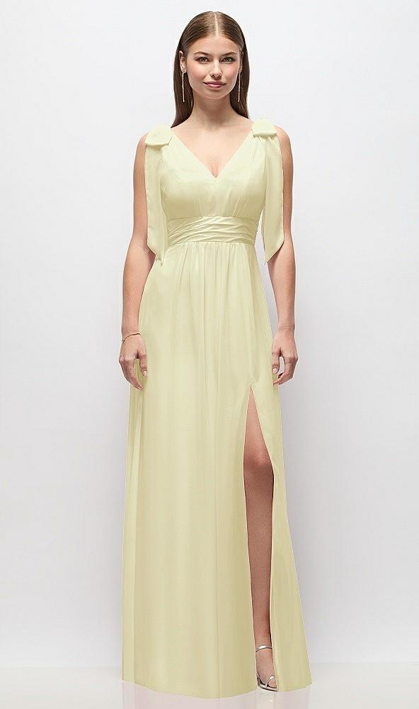 plunge neckline bow shoulder empire waist chiffon maxi dress