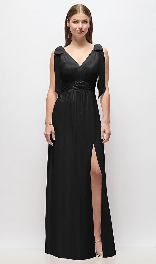 plunge neckline bow shoulder empire waist chiffon maxi dress