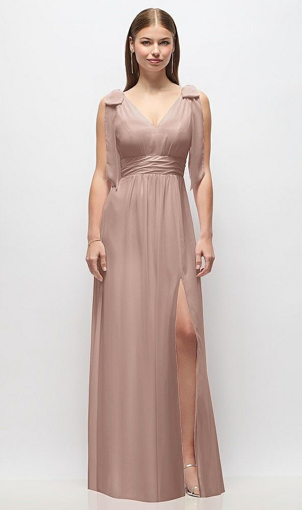 plunge neckline bow shoulder empire waist chiffon maxi dress