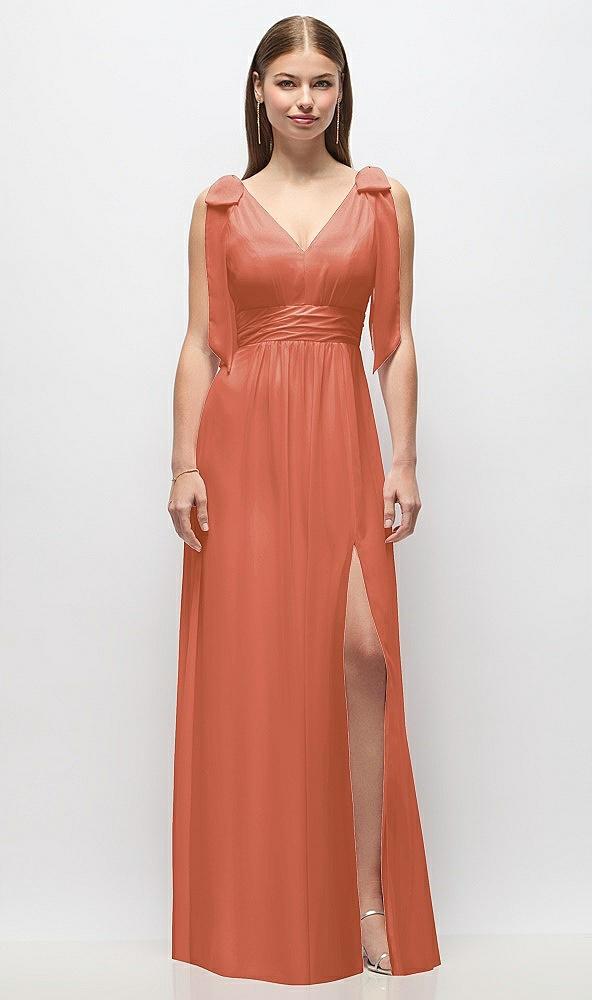 plunge neckline bow shoulder empire waist chiffon maxi dress