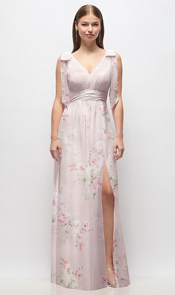 plunge neckline bow shoulder empire waist chiffon maxi dress