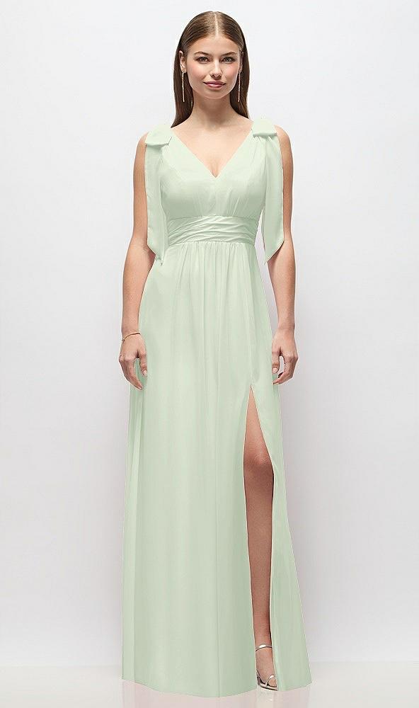 plunge neckline bow shoulder empire waist chiffon maxi dress