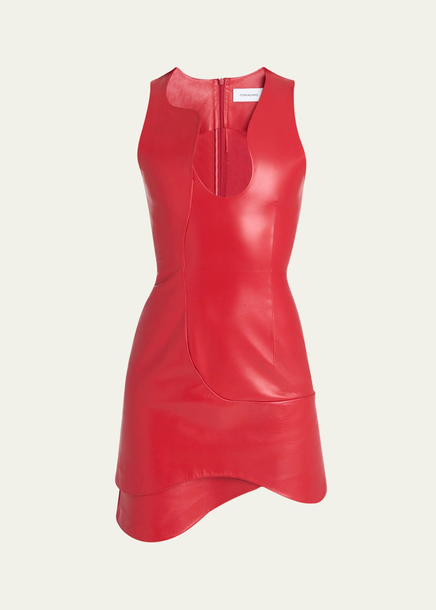 plunge sleeveless leather mini dress