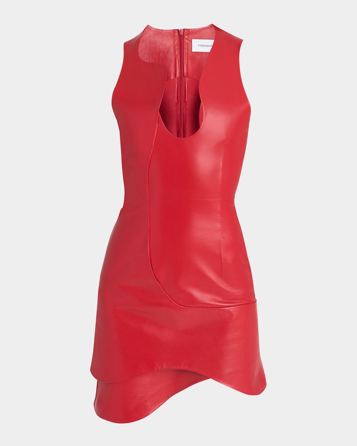 plunge sleeveless leather mini dress